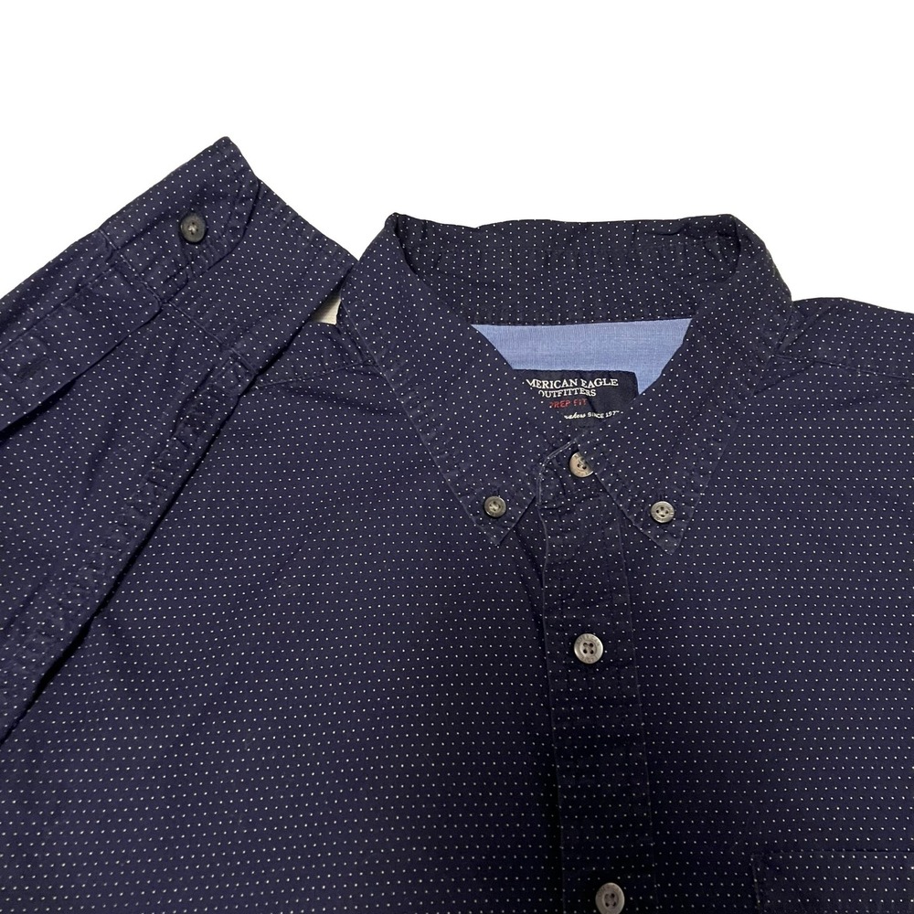 American Eagle Mens Navy Blue Micro Dot Prep Fit Button Down Shirt Large L